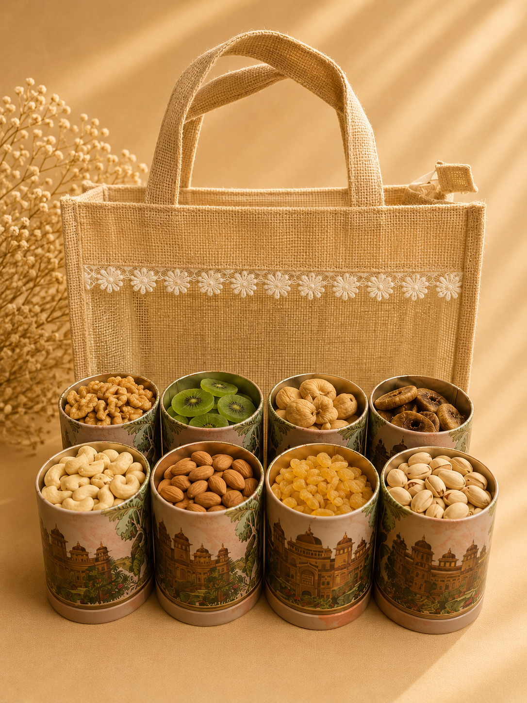 Svarn Kosh Grand 8-Tin Jute Hamper